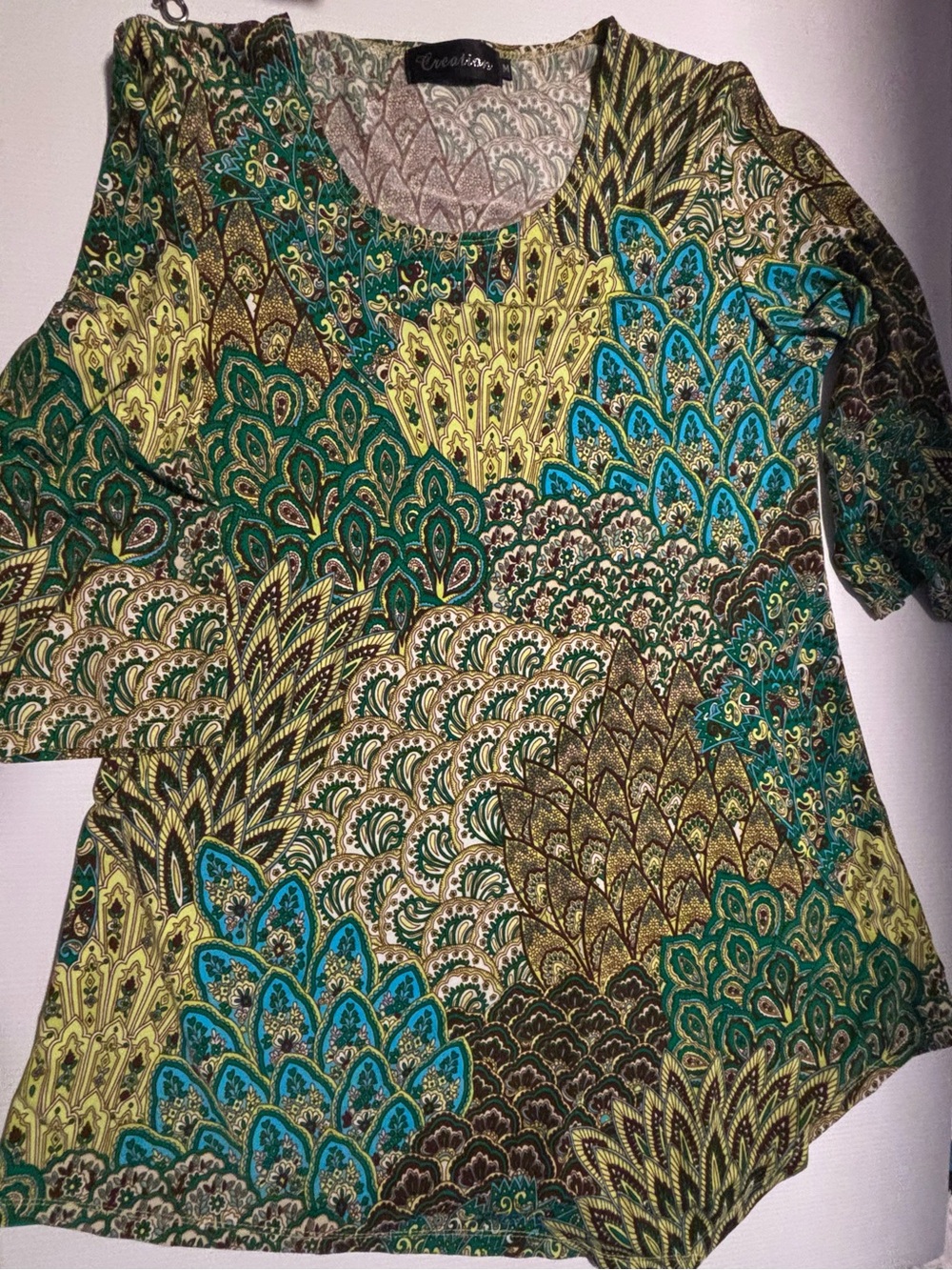 Creation Women's Medium Bohemian Paisley Peacock Print Asymmetric Tunic Top